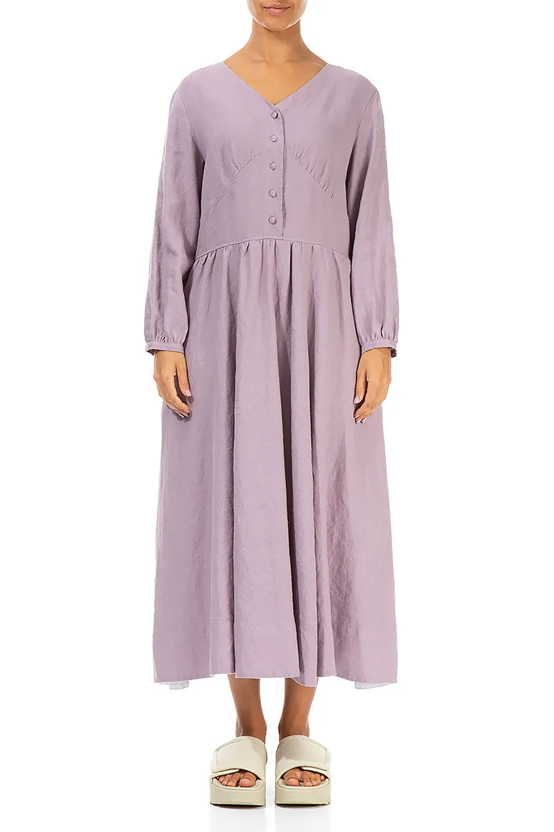 Buttoned V-Neck Light Lilac Linen Dress