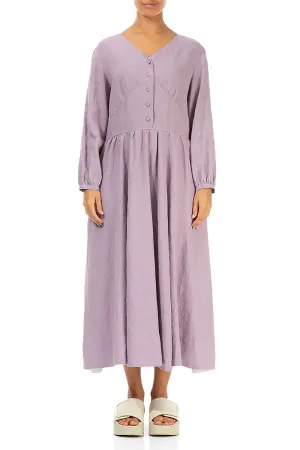 Buttoned V-Neck Light Lilac Linen Dress