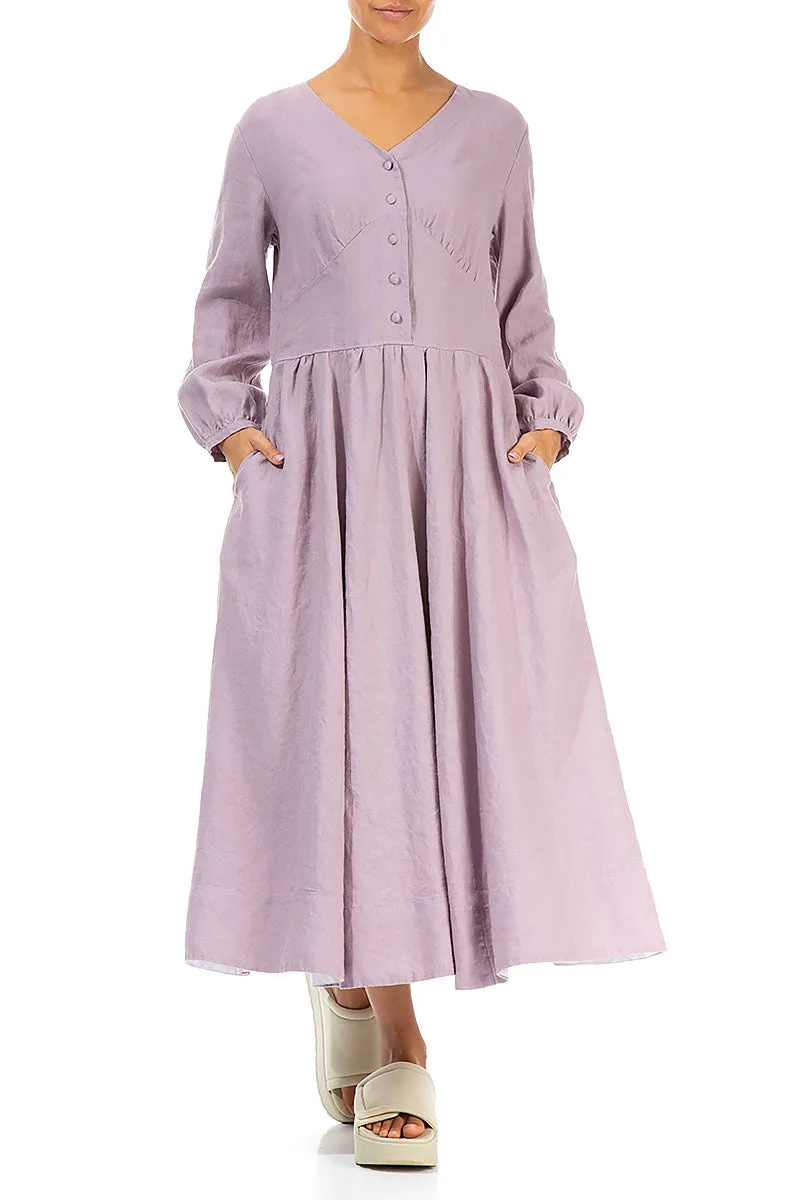 Buttoned V-Neck Light Lilac Linen Dress