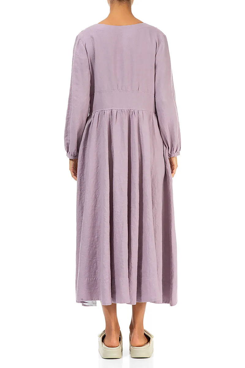 Buttoned V-Neck Light Lilac Linen Dress