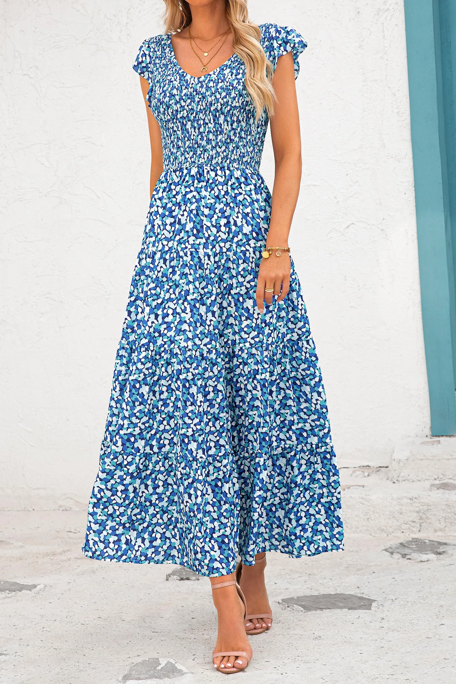Cap Sleeve V Neck Smocked Beach Sundress