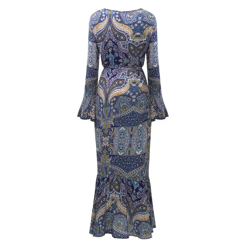 Casual Womens Sexy Flare Sleeve Long Maxi Holiday Boho Dress