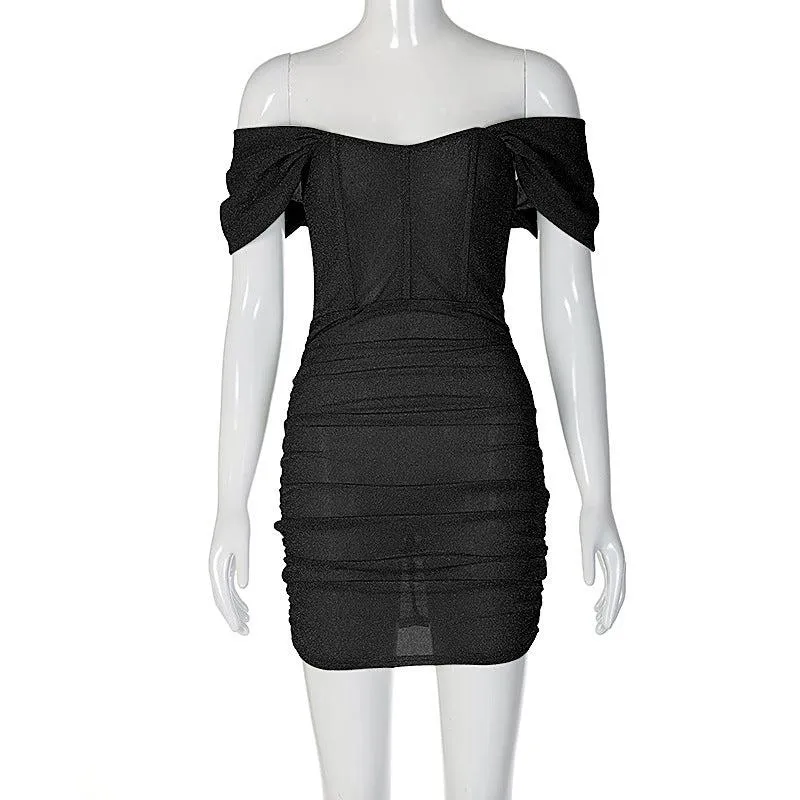 Chic Sheath Dress: Slim-Fit Pleated Sleeve Off-Shoulder Dress