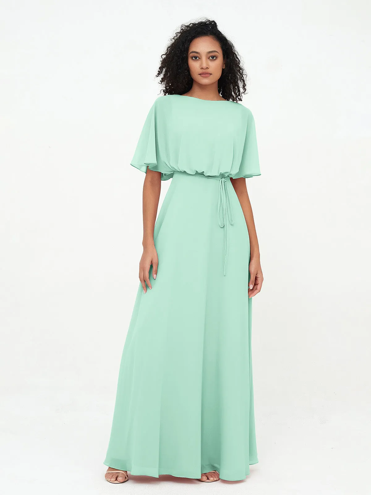 Chiffon Full Length Bridesmaid Dresses with Wrap Mint Green Plus Size