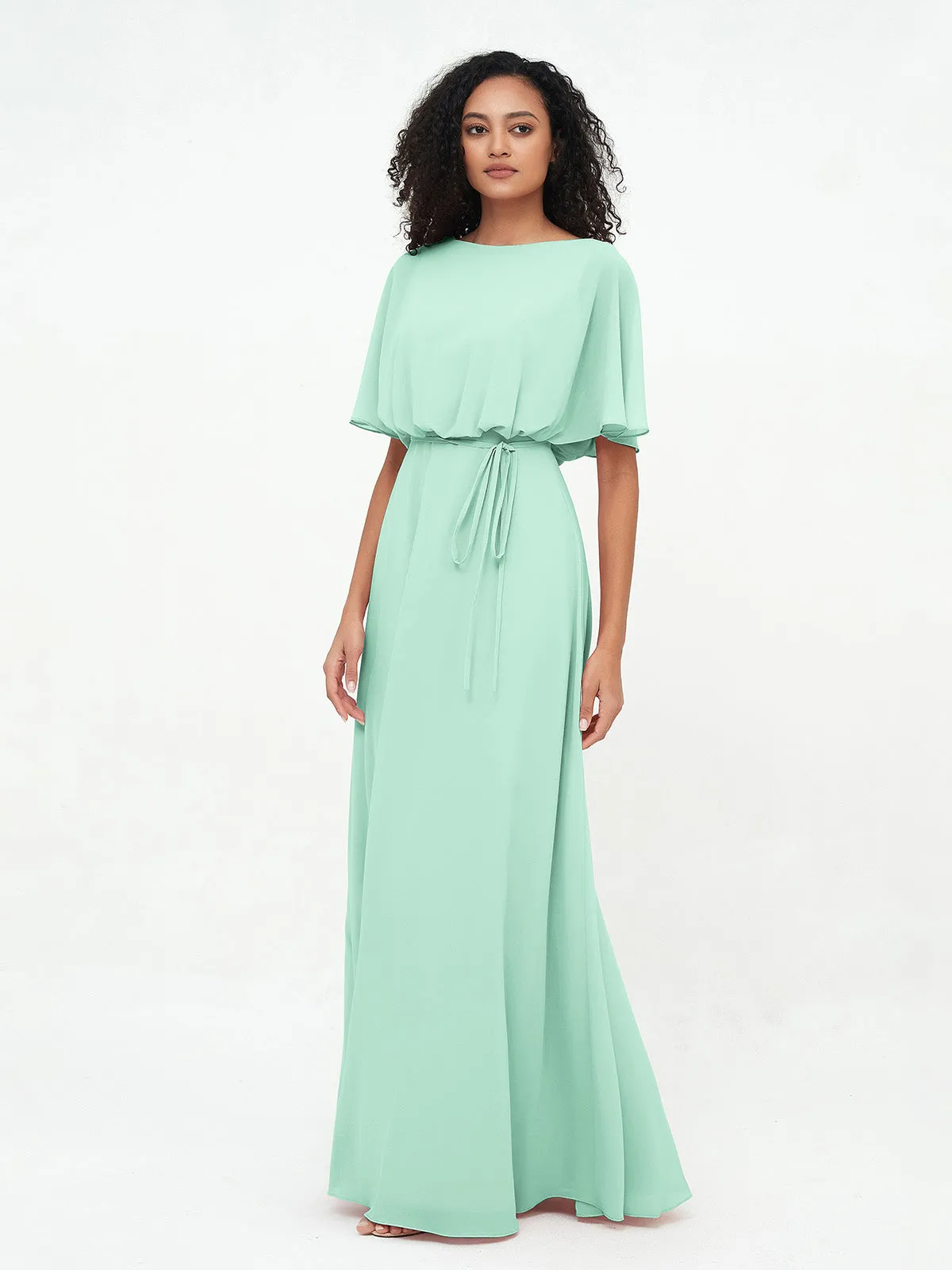 Chiffon Full Length Bridesmaid Dresses with Wrap Mint Green Plus Size