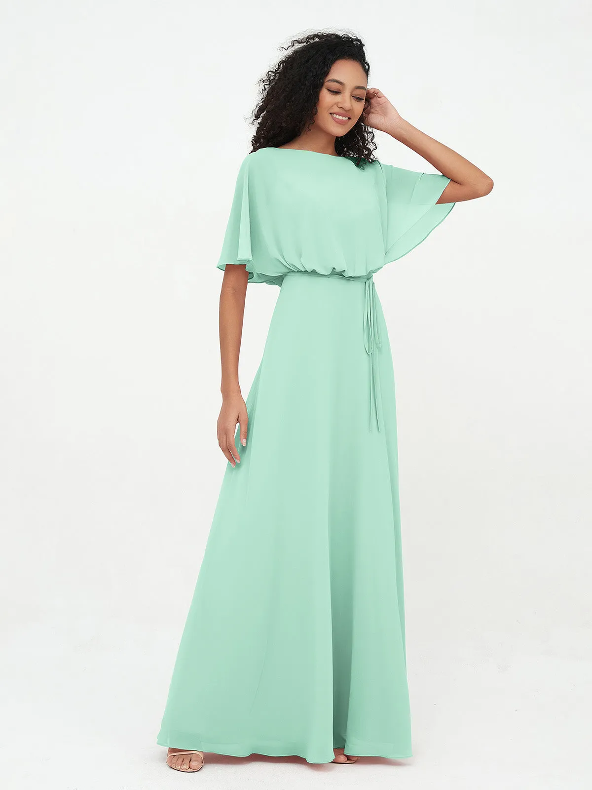 Chiffon Full Length Bridesmaid Dresses with Wrap Mint Green Plus Size
