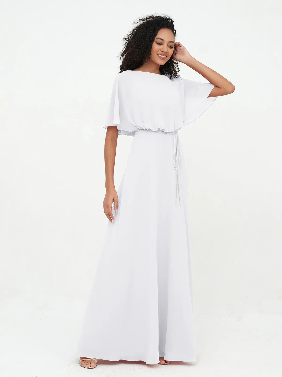 Chiffon Full Length Bridesmaid Dresses with Wrap White