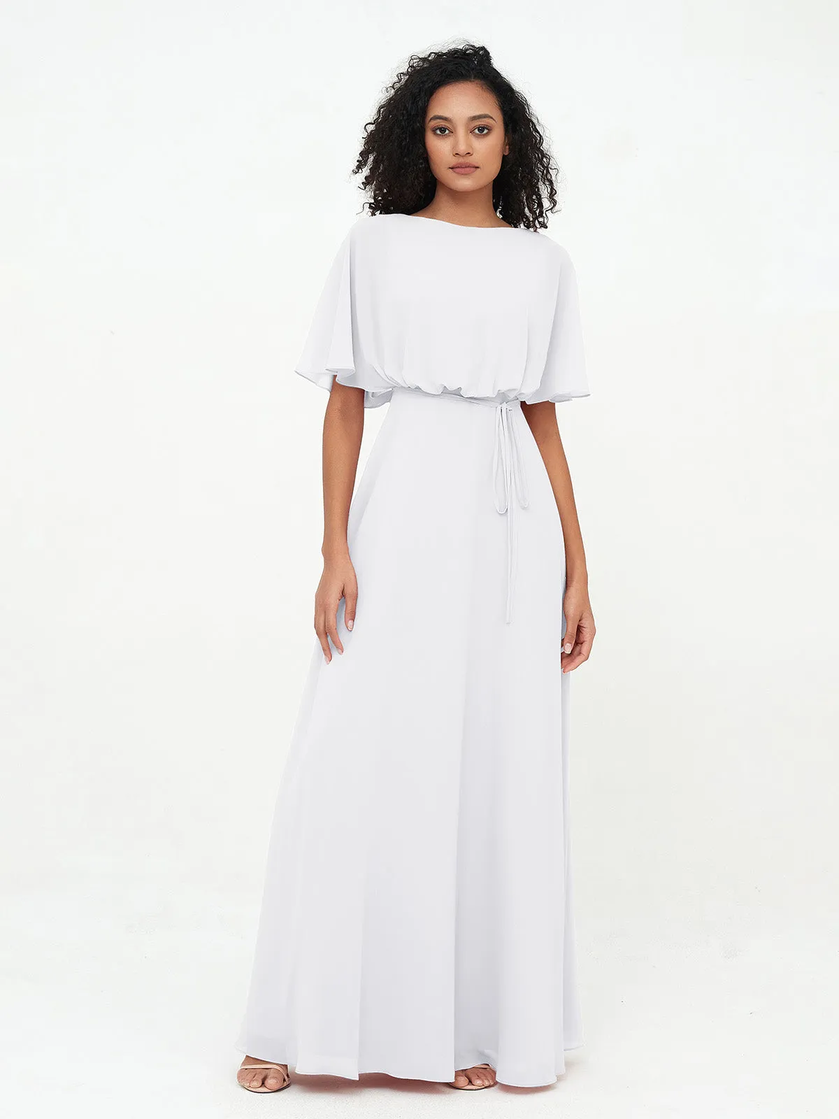 Chiffon Full Length Bridesmaid Dresses with Wrap White