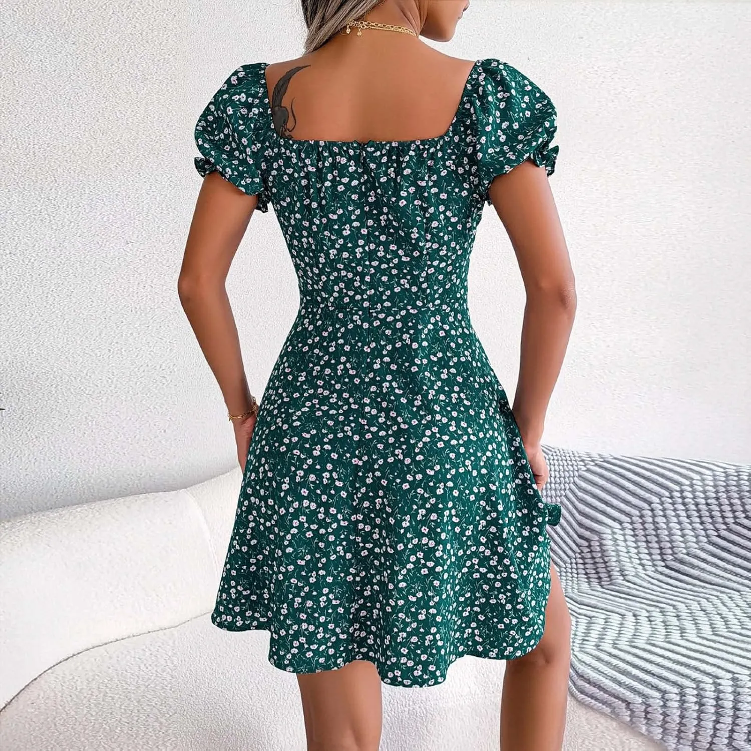 cooki Summer Dresses for Women 2024 V Neck Ruffle Puff Short Sleeve Tie Waist Casual A Line Floral Swing Mini Wrap Dress