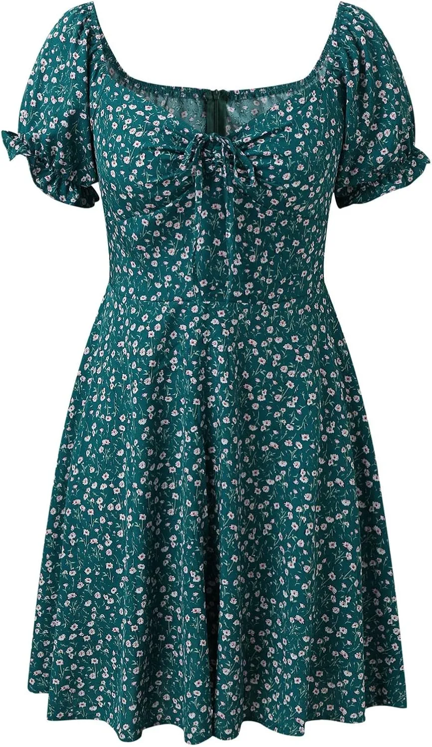 cooki Summer Dresses for Women 2024 V Neck Ruffle Puff Short Sleeve Tie Waist Casual A Line Floral Swing Mini Wrap Dress