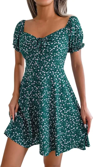 cooki Summer Dresses for Women 2024 V Neck Ruffle Puff Short Sleeve Tie Waist Casual A Line Floral Swing Mini Wrap Dress