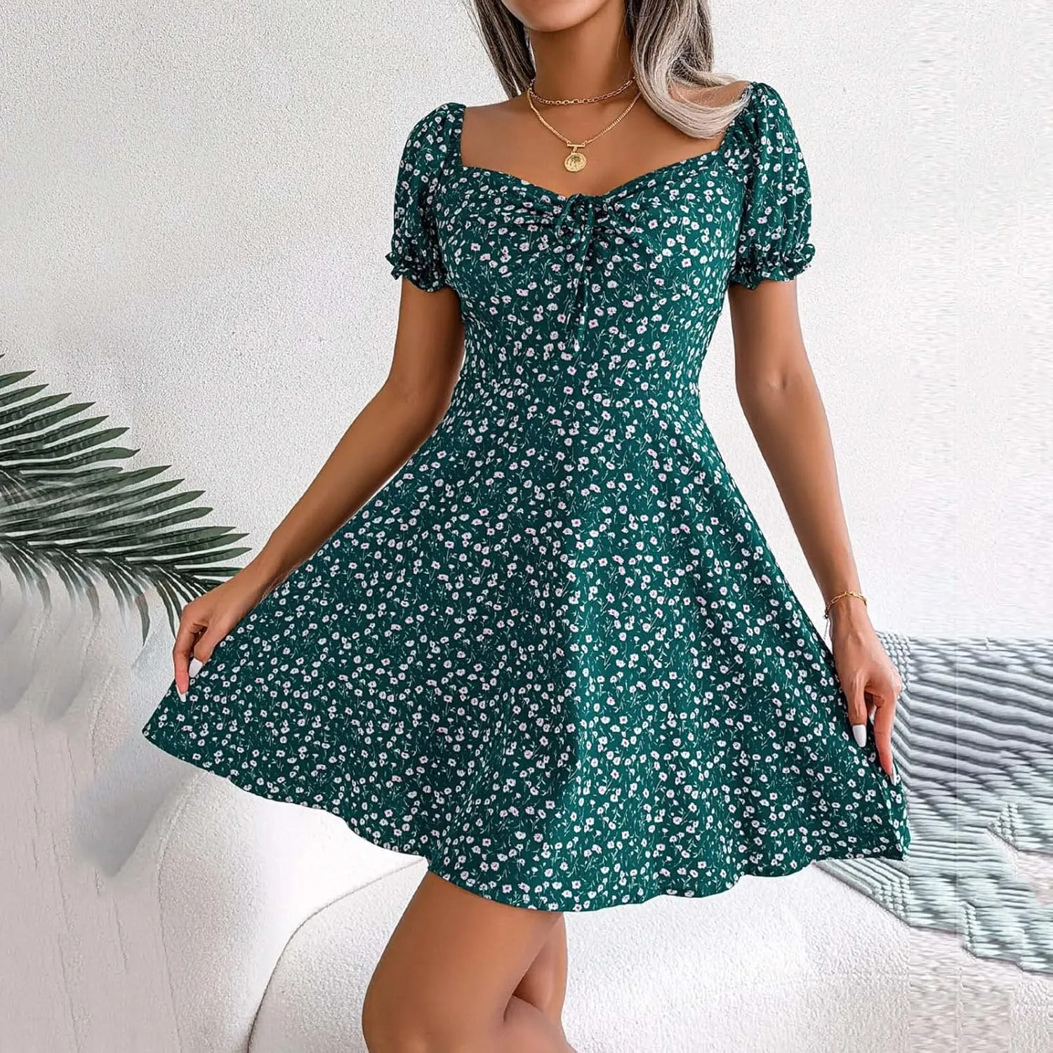 cooki Summer Dresses for Women 2024 V Neck Ruffle Puff Short Sleeve Tie Waist Casual A Line Floral Swing Mini Wrap Dress