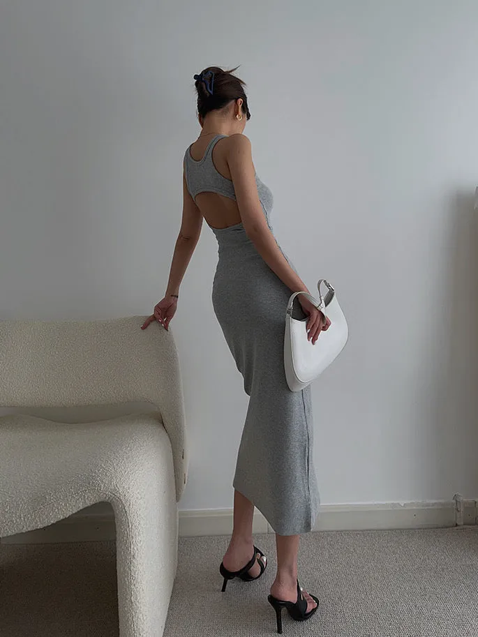 Cutout Back Midi Tank Dress - Grey