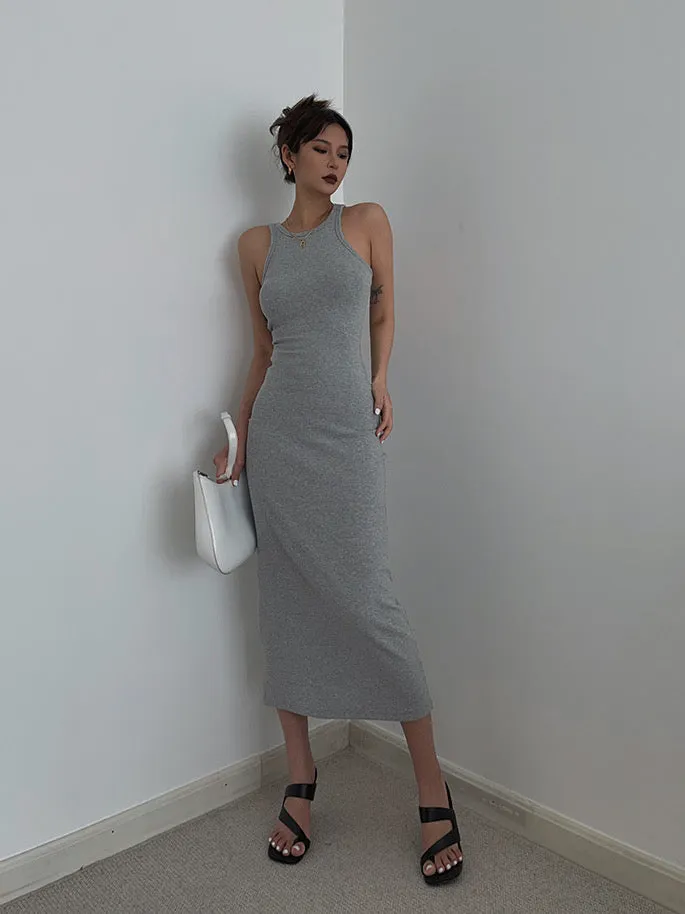 Cutout Back Midi Tank Dress - Grey