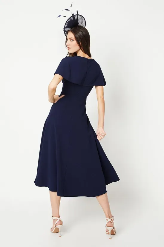 Dark-Navy A-Line Crepe Cape Sleeve Notch Neck Midi Dress Wedding Guest Dresses