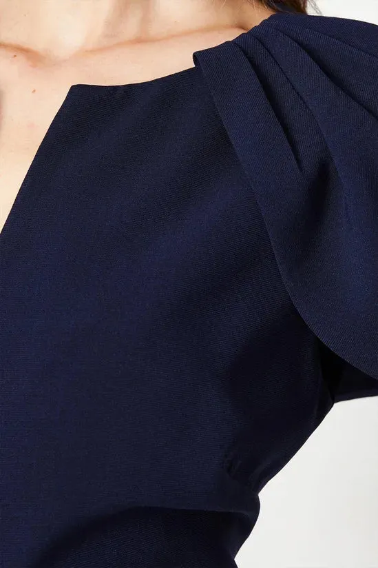 Dark-Navy A-Line Crepe Cape Sleeve Notch Neck Midi Dress Wedding Guest Dresses