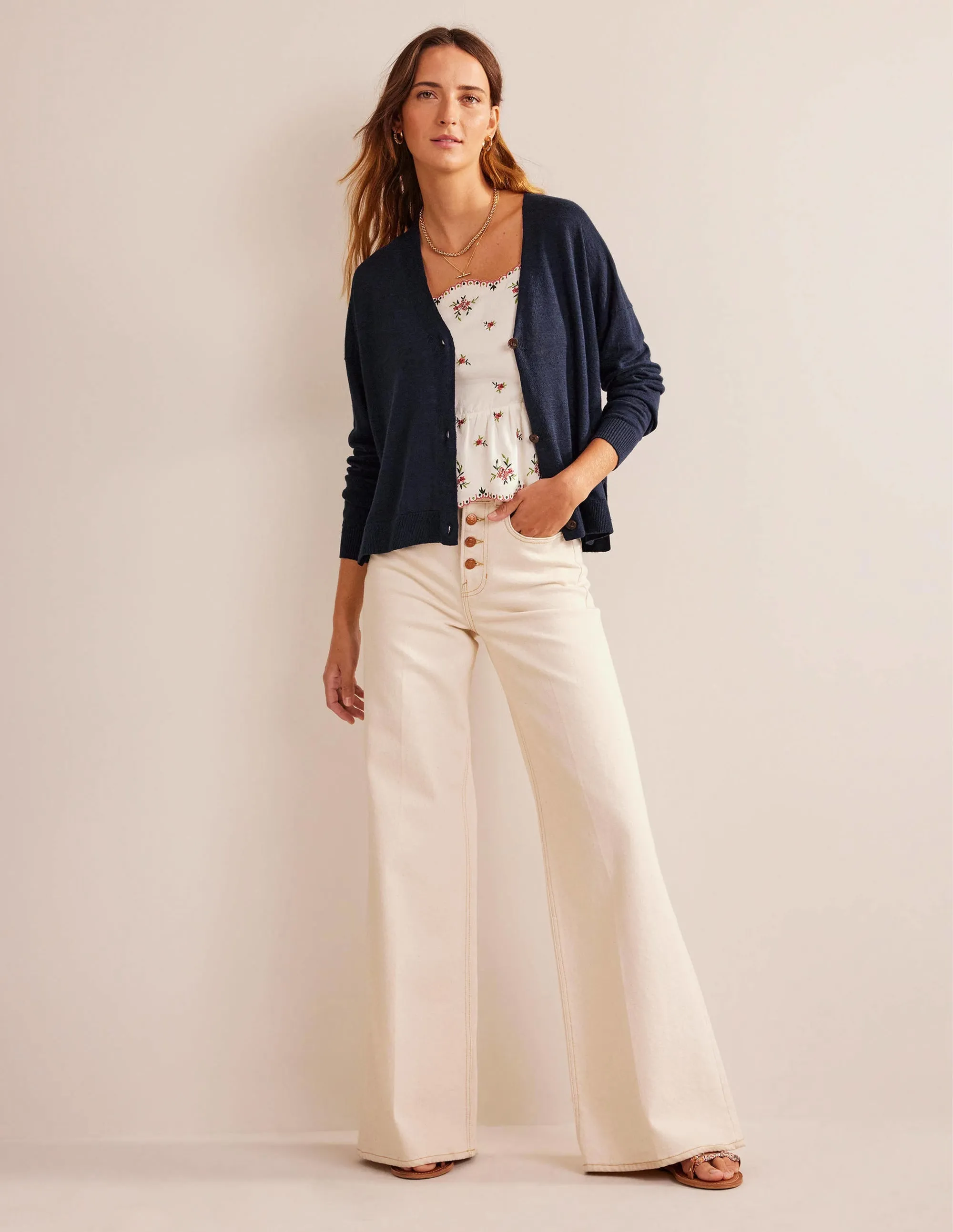 Drop-Shoulder Linen Cardigan-Navy