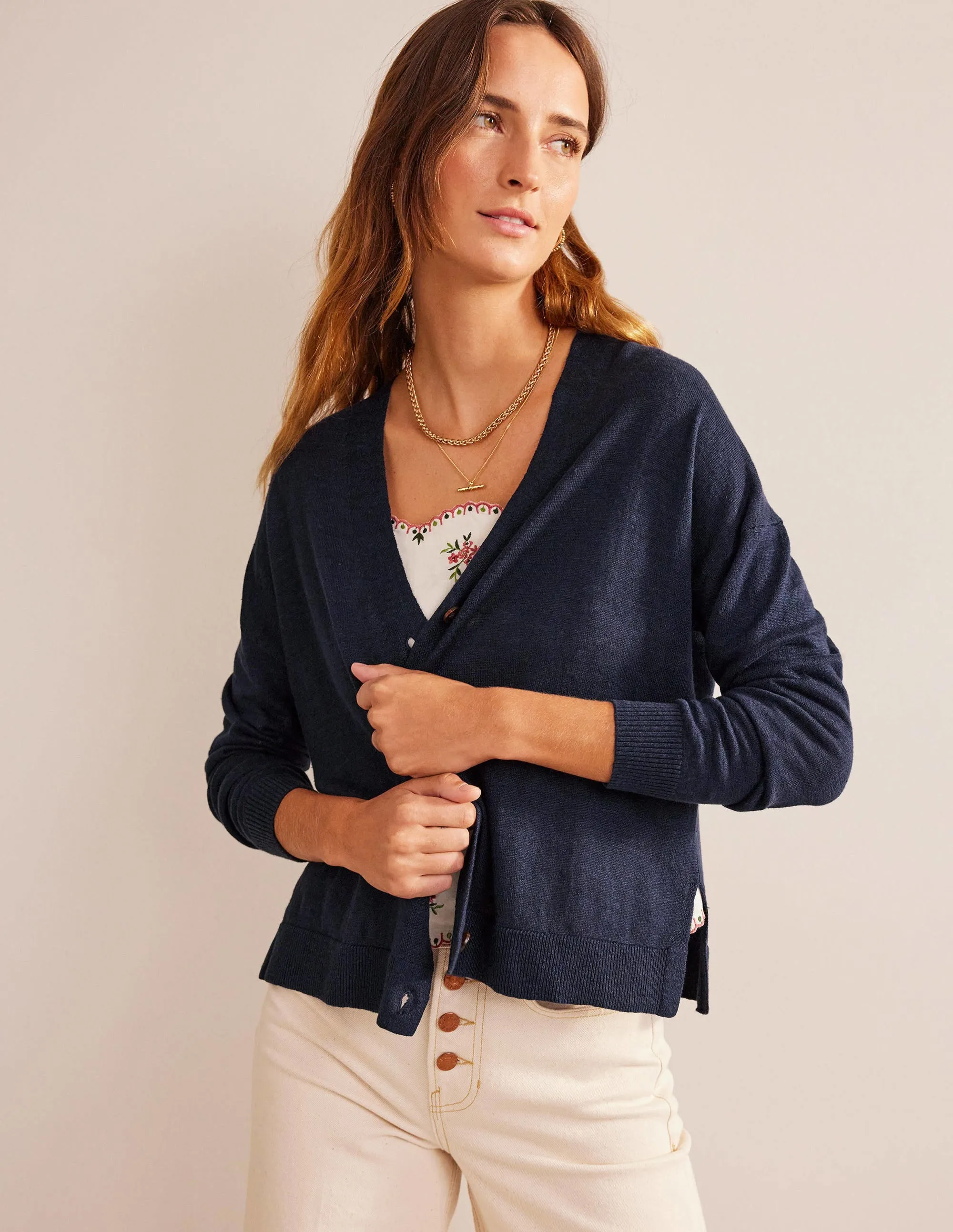 Drop-Shoulder Linen Cardigan-Navy