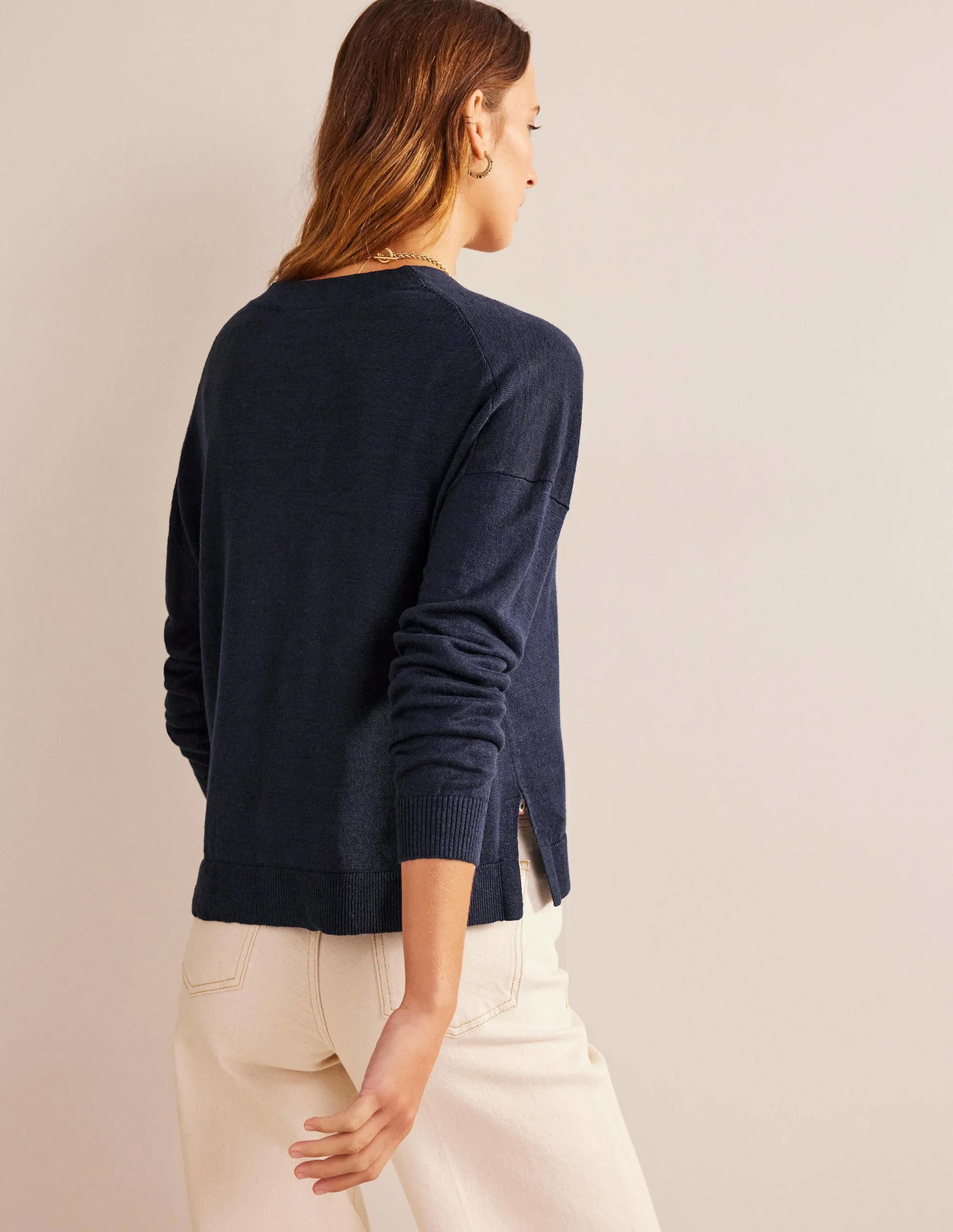 Drop-Shoulder Linen Cardigan-Navy