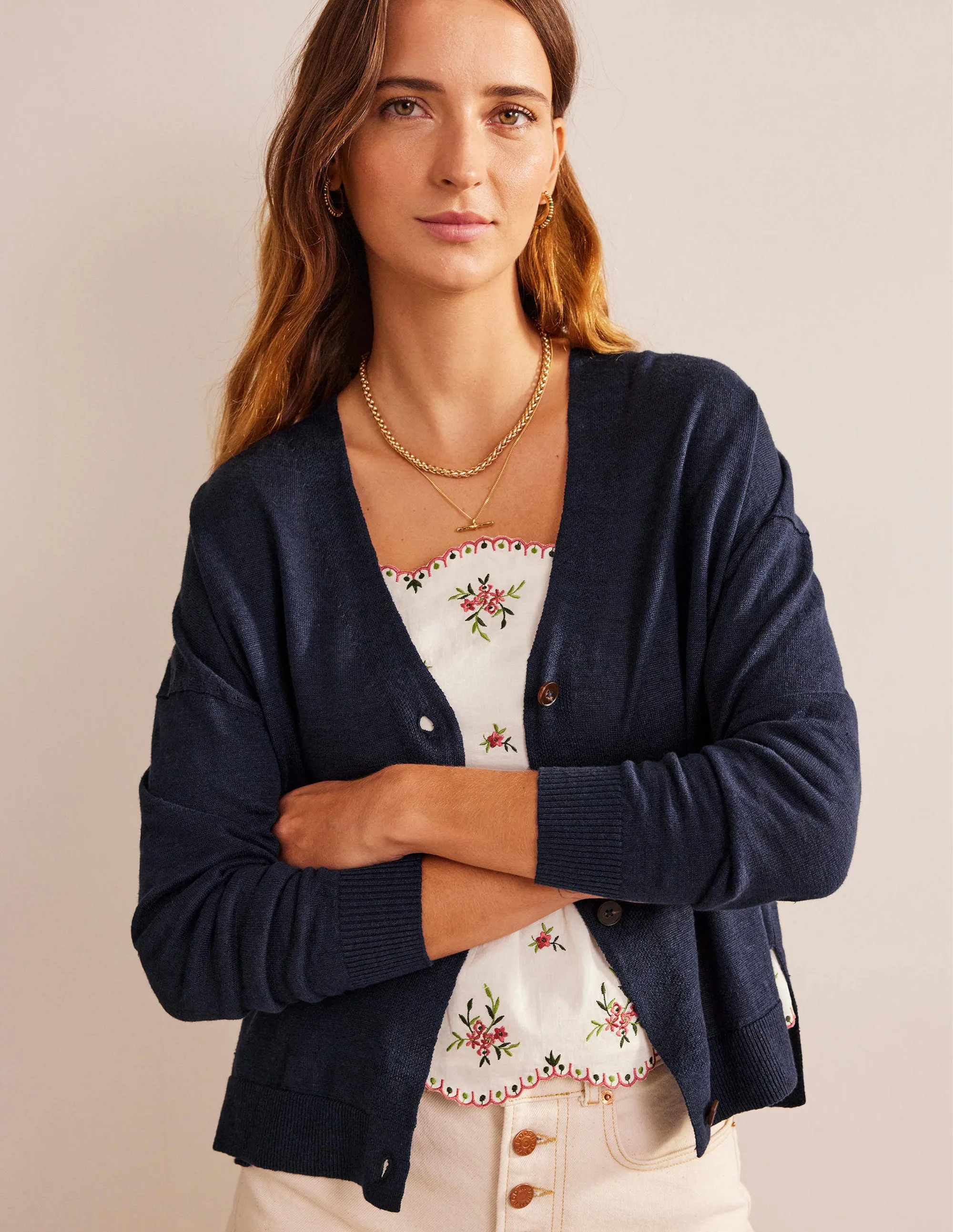 Drop-Shoulder Linen Cardigan-Navy