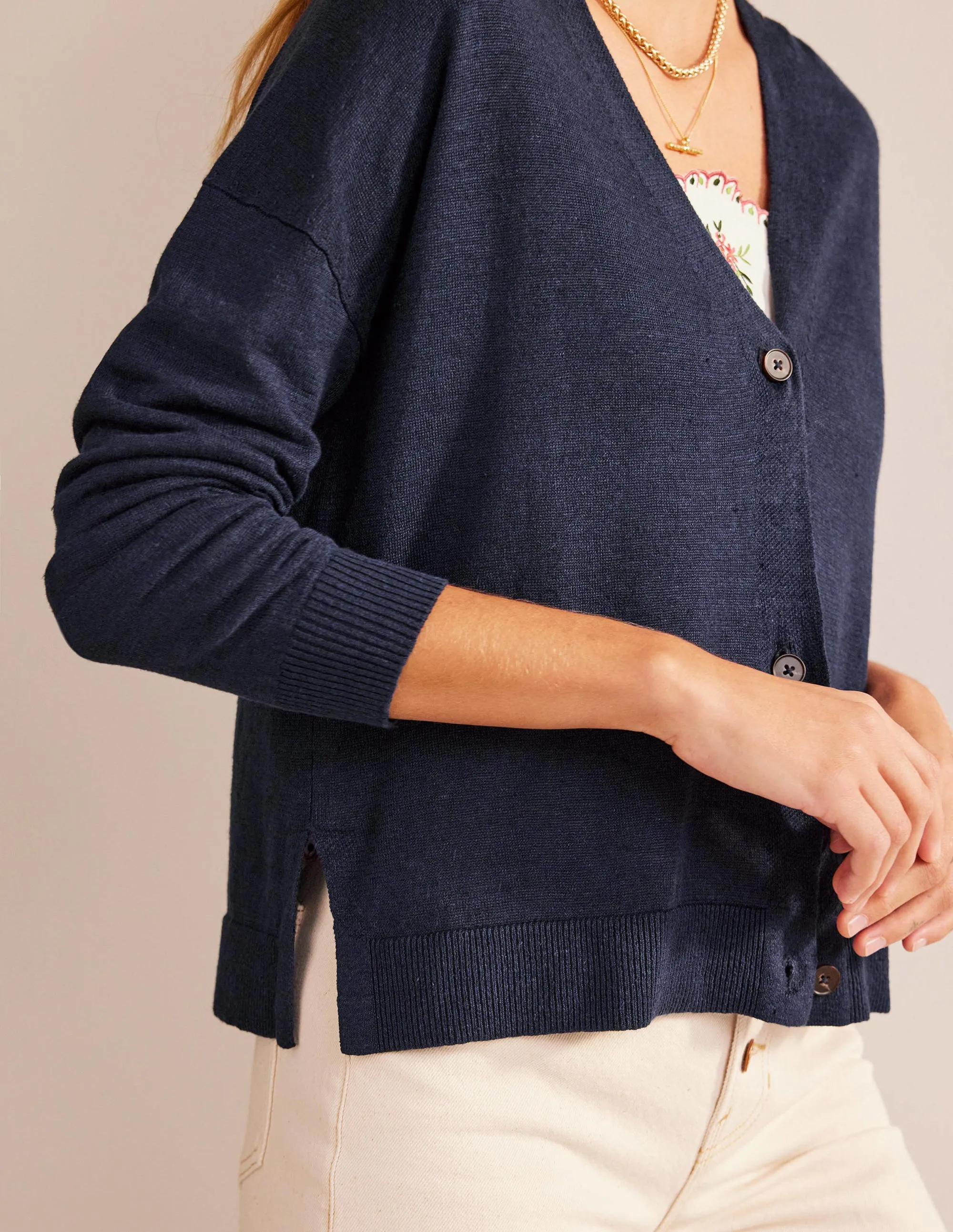 Drop-Shoulder Linen Cardigan-Navy