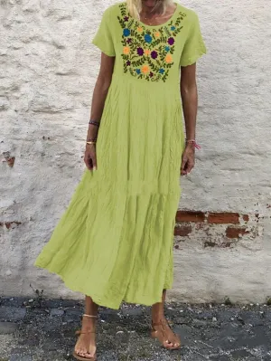 Dunnmall Women's A-Line Dress Midi Dress - Short Sleeves Floral Summer Casual Chinoiserie 2020 White Yellow Light Green Light Blue S M L XL