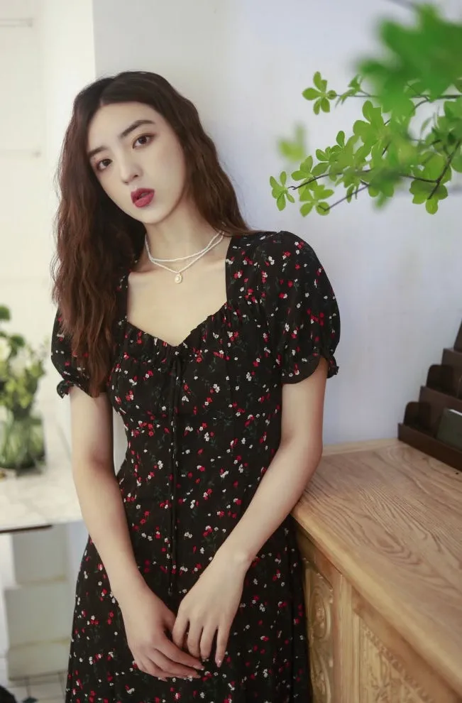 Floral Cutout Back Puff Sleeve Dress in Black