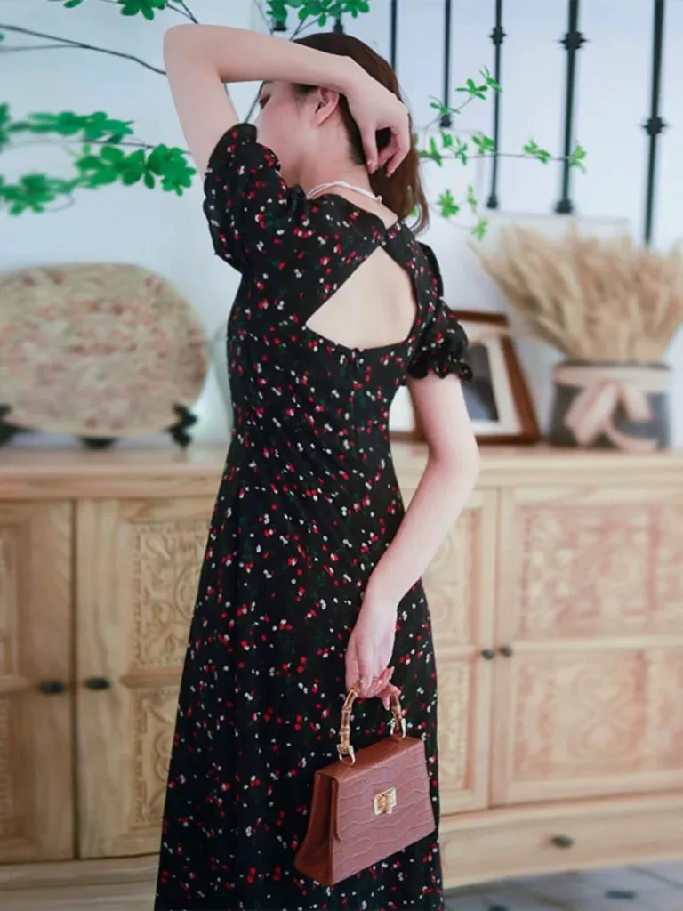 Floral Cutout Back Puff Sleeve Dress in Black