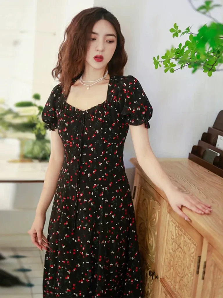 Floral Cutout Back Puff Sleeve Dress in Black