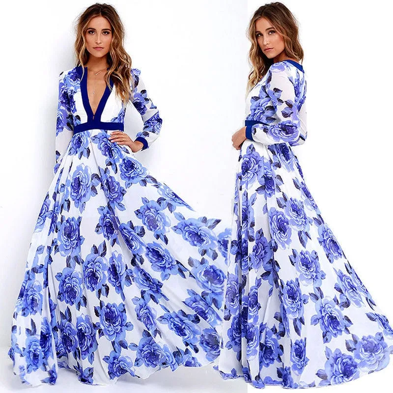 Floral Deep V Neck Maxi Dress
