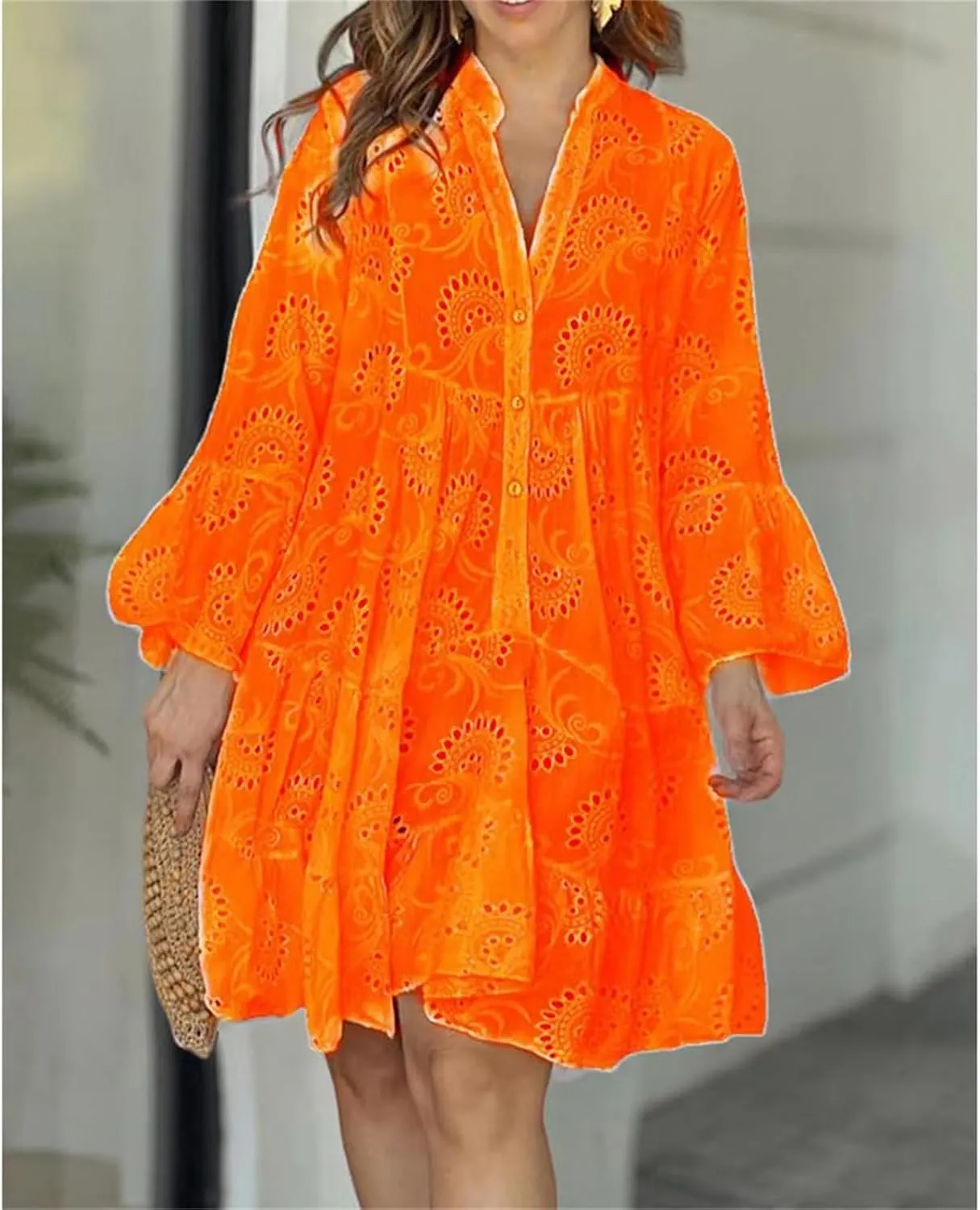 Floral Dress for Women Long Sleeve Summer Midi Dresses V Neck Boho Dresses Beach Vacation Flowy Sundress Lightweight