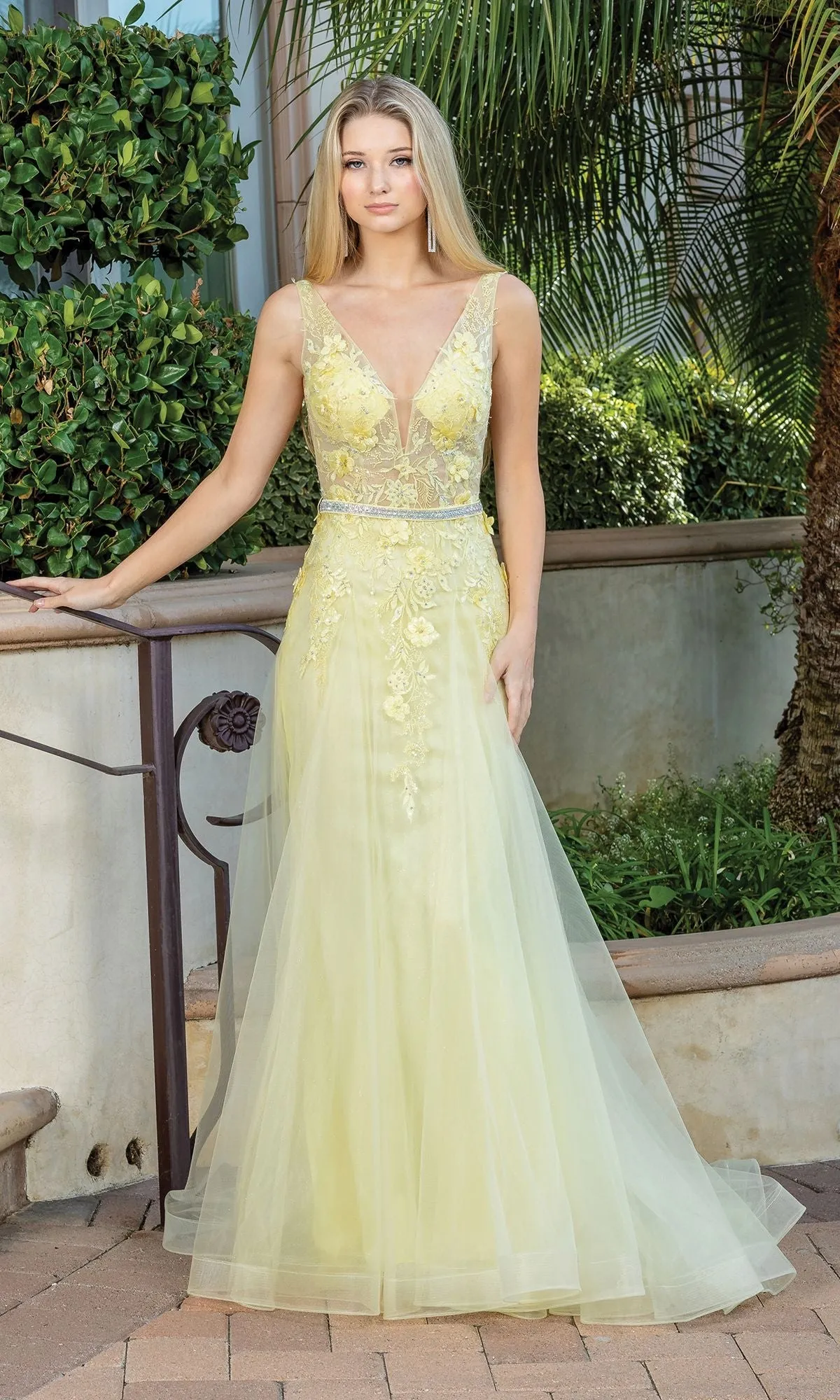 Floral-Embellished Long V-Neck Prom Dress 4311