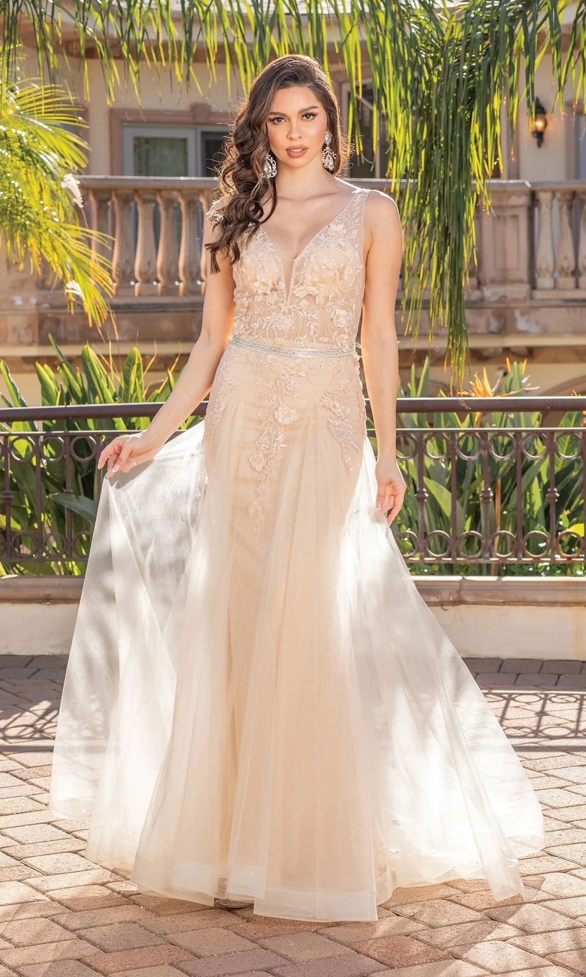 Floral-Embellished Long V-Neck Prom Dress 4311