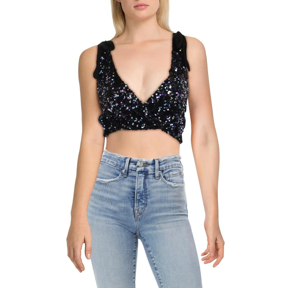 Free People Womens Sequin Sleeveless Cropped