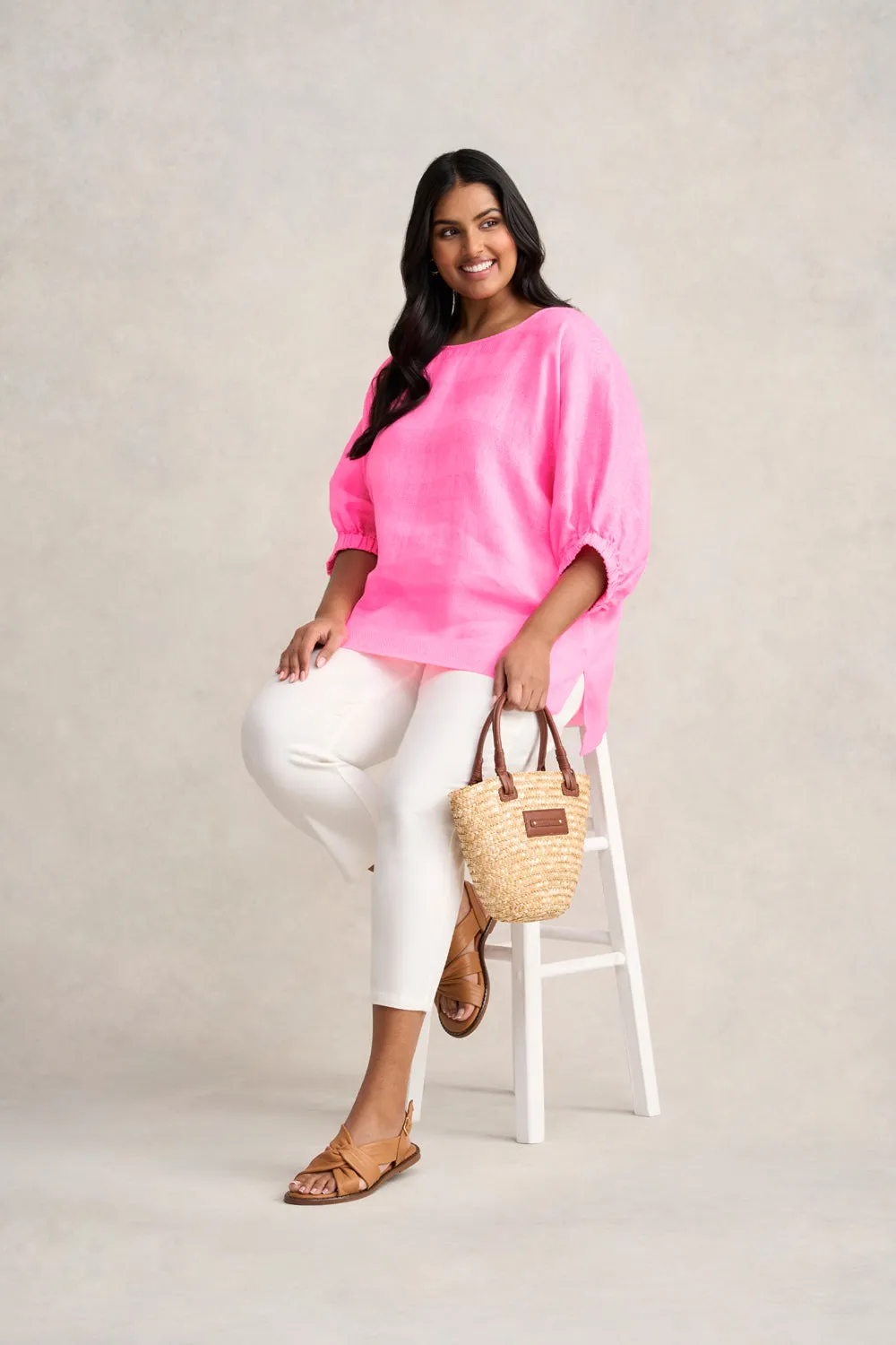 French Linen Stripe Tunic - Neon Pink