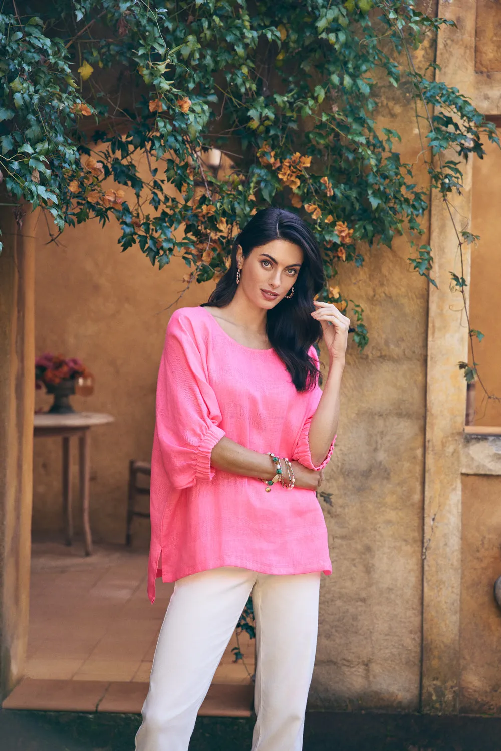 French Linen Stripe Tunic - Neon Pink