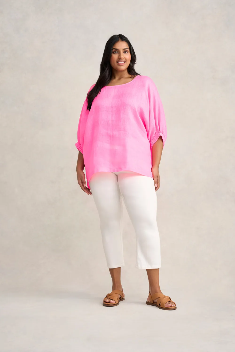 French Linen Stripe Tunic - Neon Pink