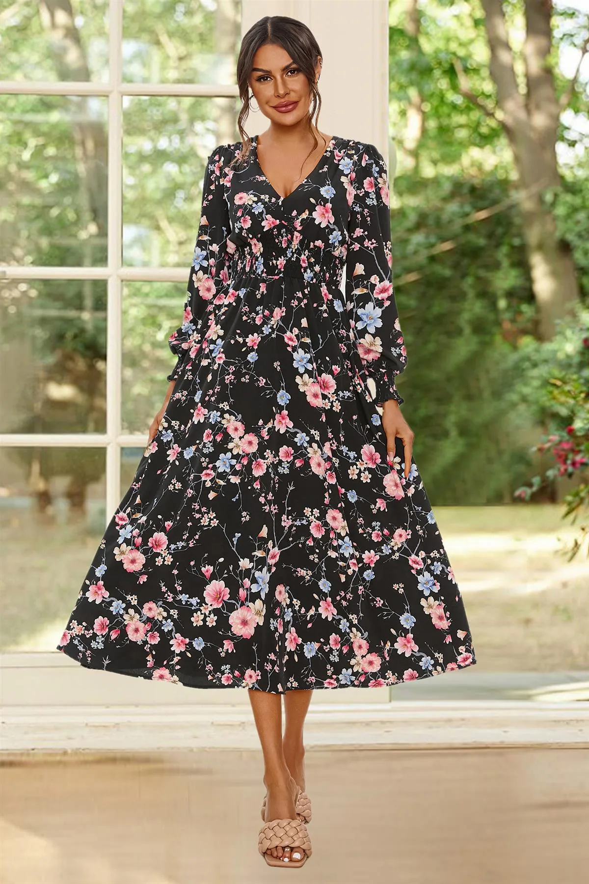 FS Collection Floral Print Long Sleeve Midi Dress In Black