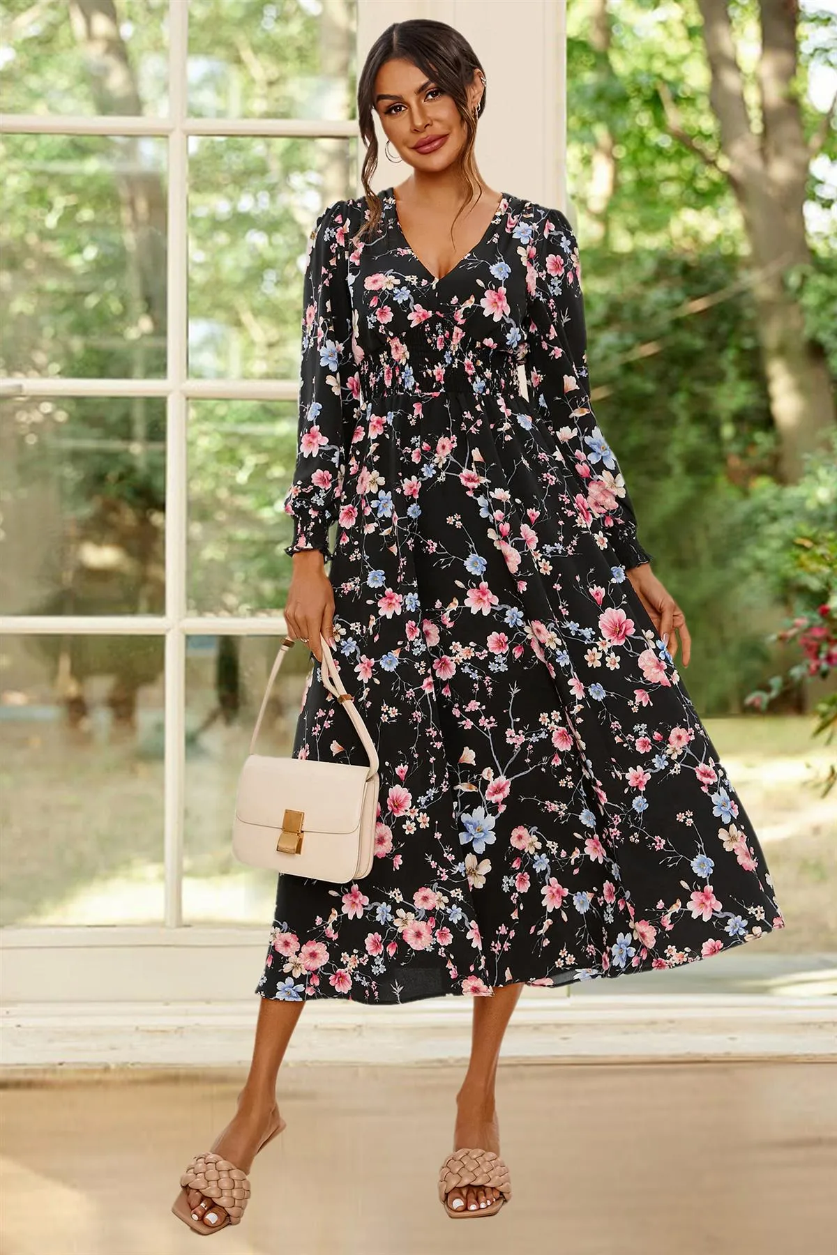 FS Collection Floral Print Long Sleeve Midi Dress In Black