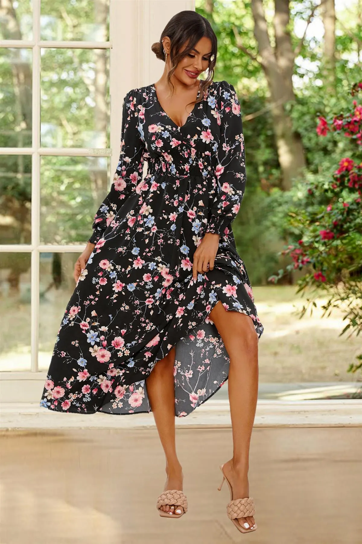 FS Collection Floral Print Long Sleeve Midi Dress In Black