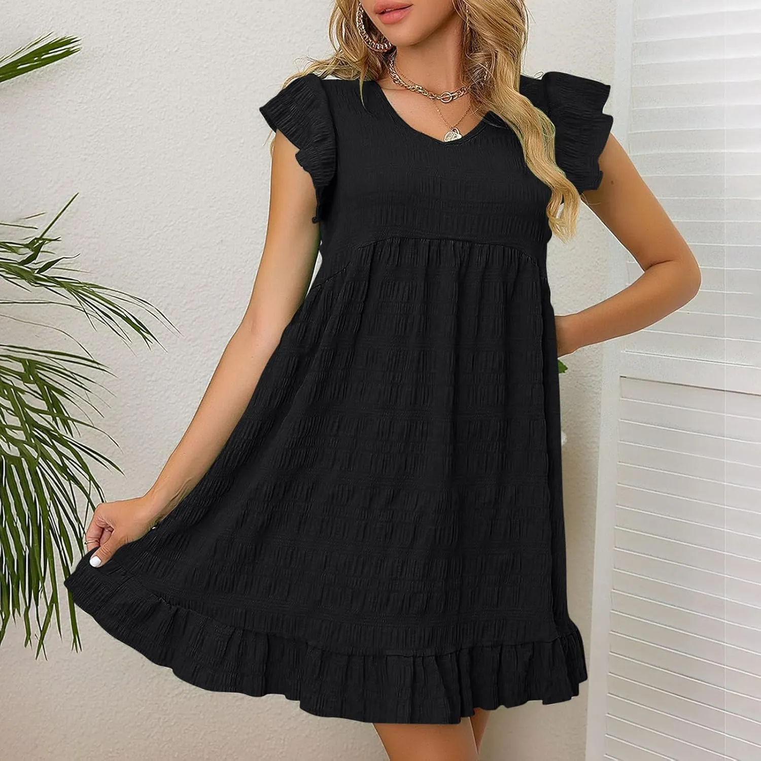 FZYLQY Womens Summer Dresses 2025 Cute Ruffle Cap Sleeve V-Neck Flowy Swing Mini Dress Loose Pleated Mini Babydoll Dress