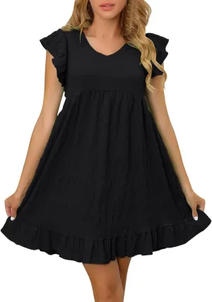 FZYLQY Womens Summer Dresses 2025 Cute Ruffle Cap Sleeve V-Neck Flowy Swing Mini Dress Loose Pleated Mini Babydoll Dress