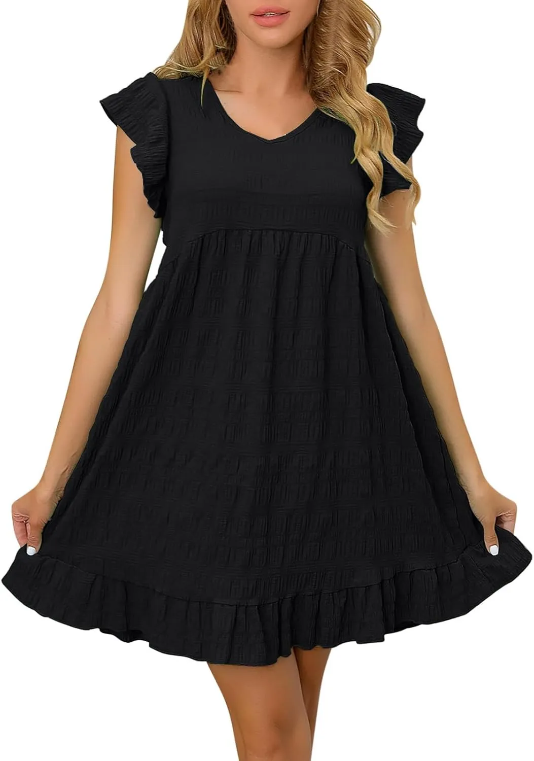 FZYLQY Womens Summer Dresses 2025 Cute Ruffle Cap Sleeve V-Neck Flowy Swing Mini Dress Loose Pleated Mini Babydoll Dress