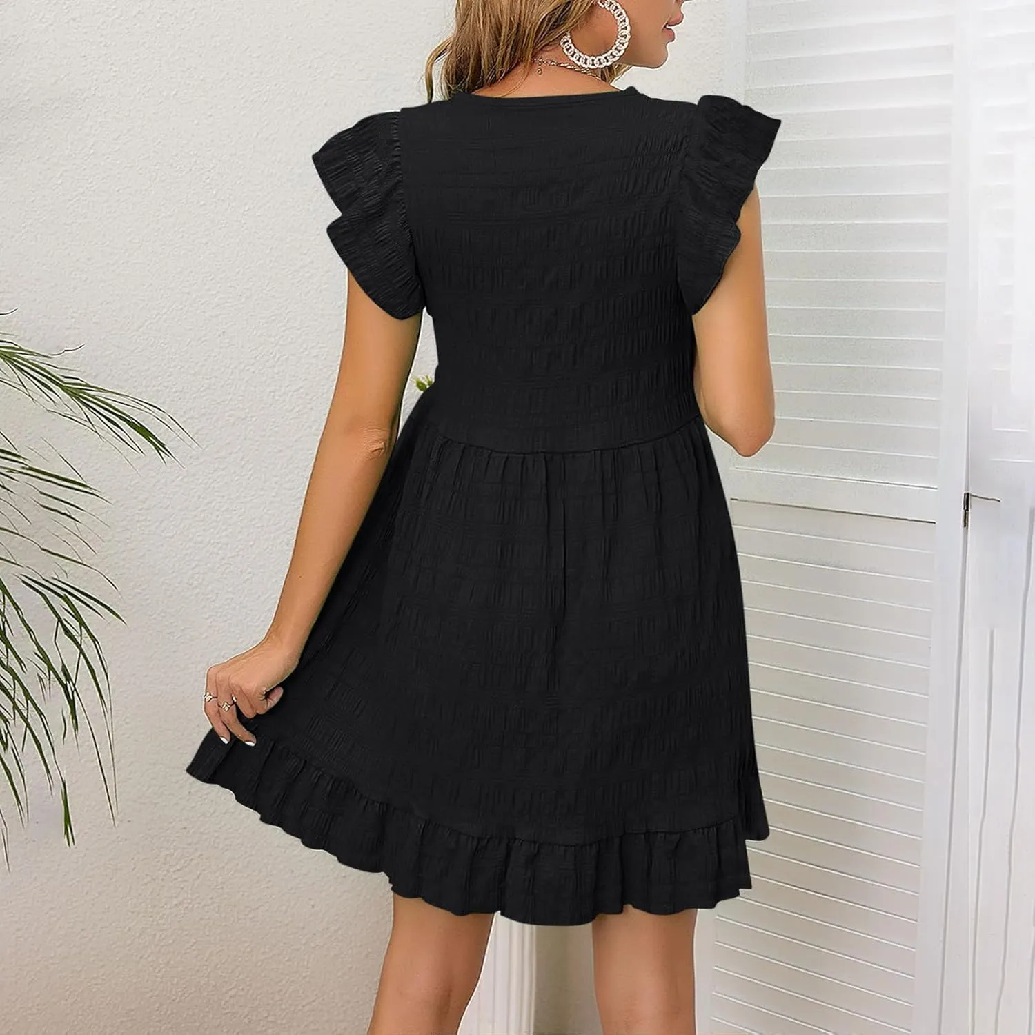 FZYLQY Womens Summer Dresses 2025 Cute Ruffle Cap Sleeve V-Neck Flowy Swing Mini Dress Loose Pleated Mini Babydoll Dress