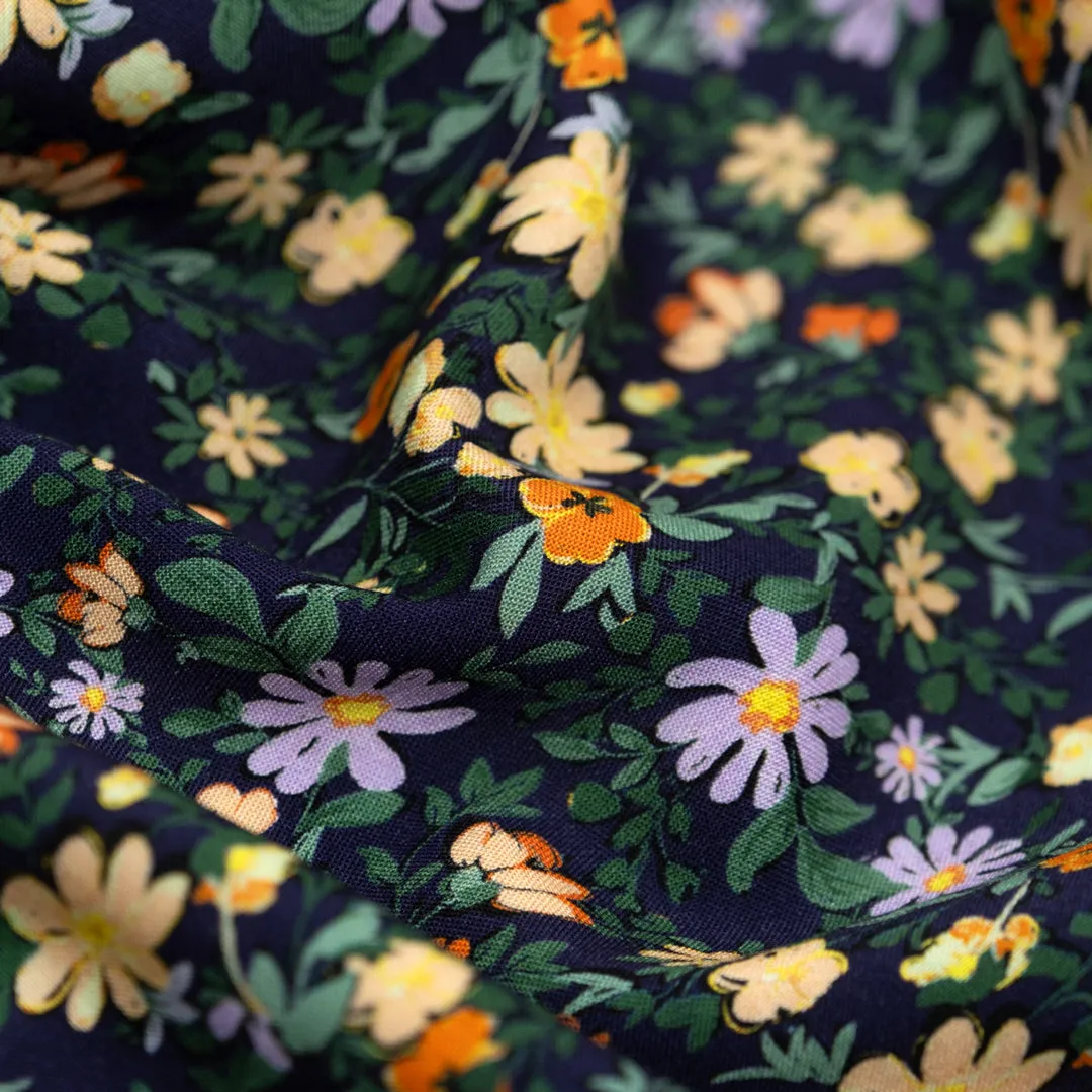 Garden Walk Printed Viscose Challis - Midnight Blue/Bellflower