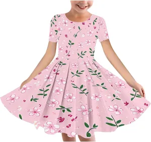 Girls Summer Flower Printed Ballet Dress Short Sleeve Round Neck Pleated Floral Print Beach Sundress Swing Dresses