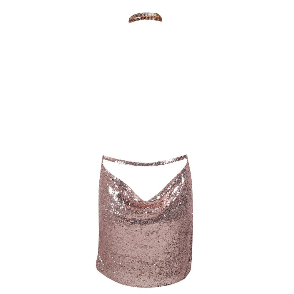 Gleaming Nightfall: V Short Backless Sequin Dress