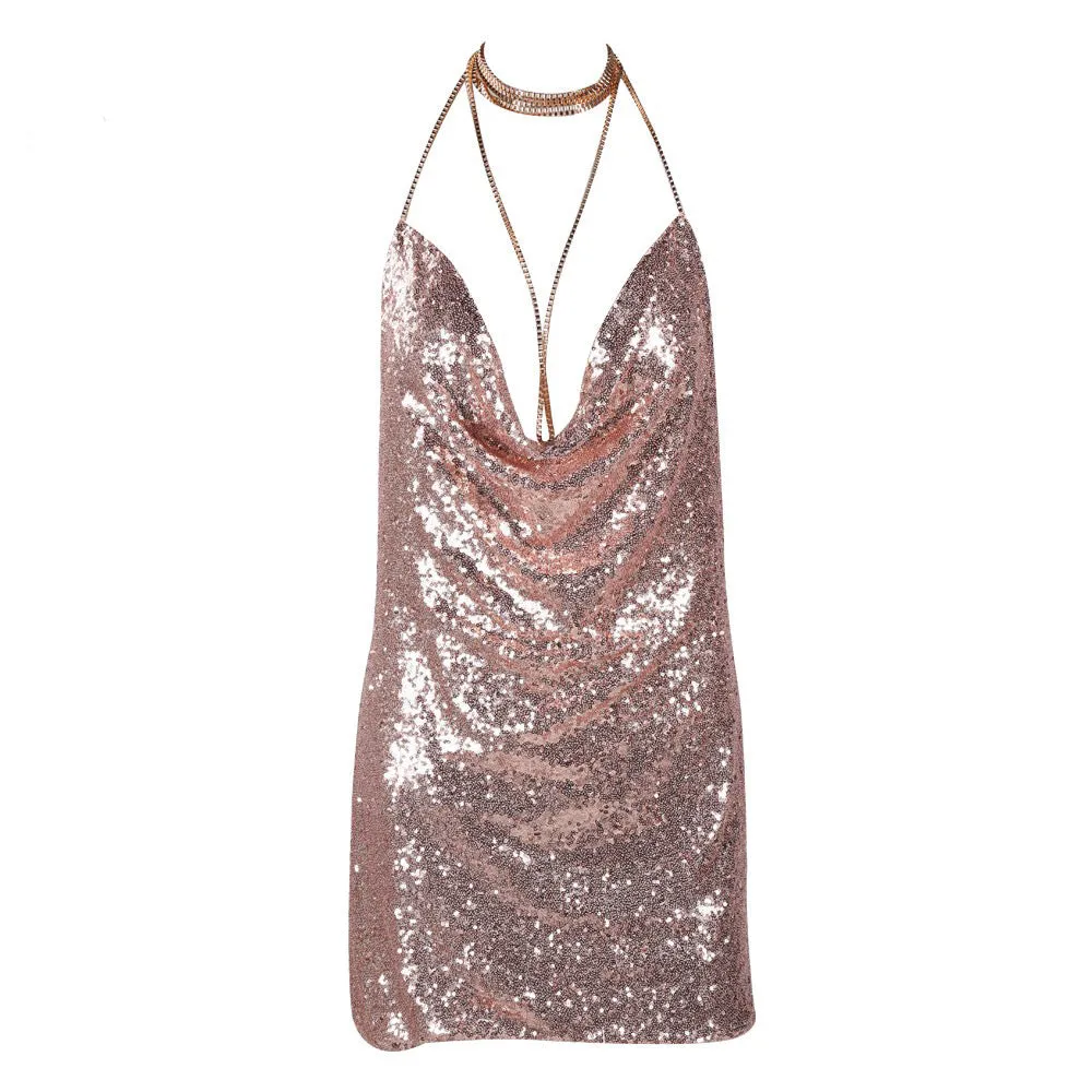 Gleaming Nightfall: V Short Backless Sequin Dress