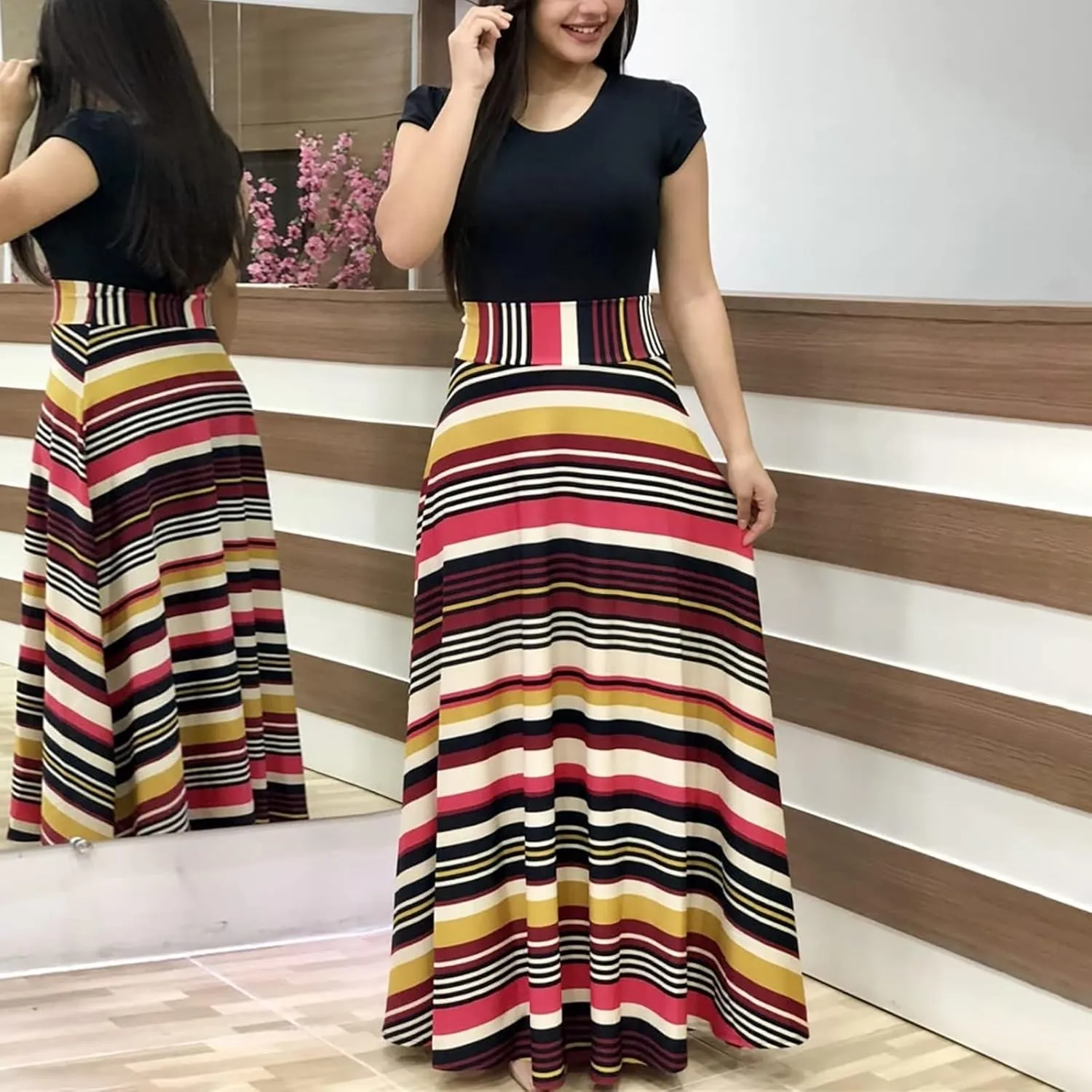 GOKKILRW Maxi Dresses for Women Wedding Guest High Waist Party Evening Maxi Dress Casual Loose Short Sleeve Beach Dresses