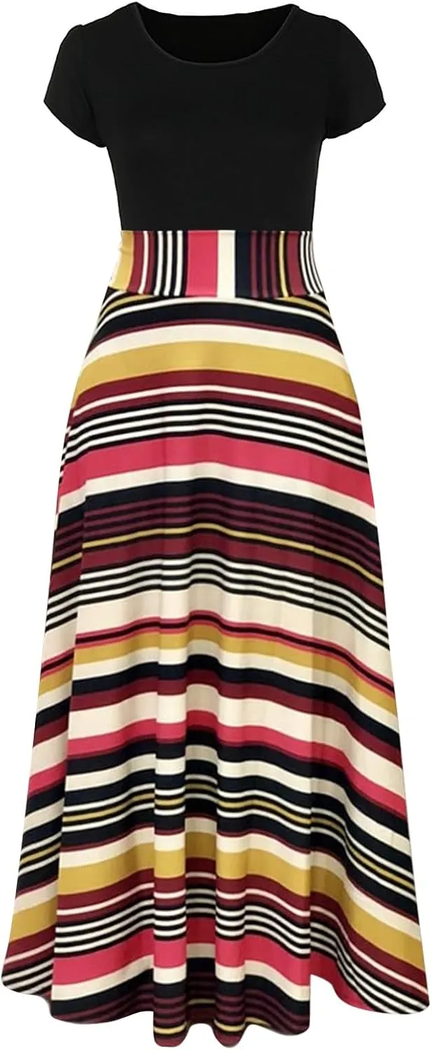 GOKKILRW Maxi Dresses for Women Wedding Guest High Waist Party Evening Maxi Dress Casual Loose Short Sleeve Beach Dresses
